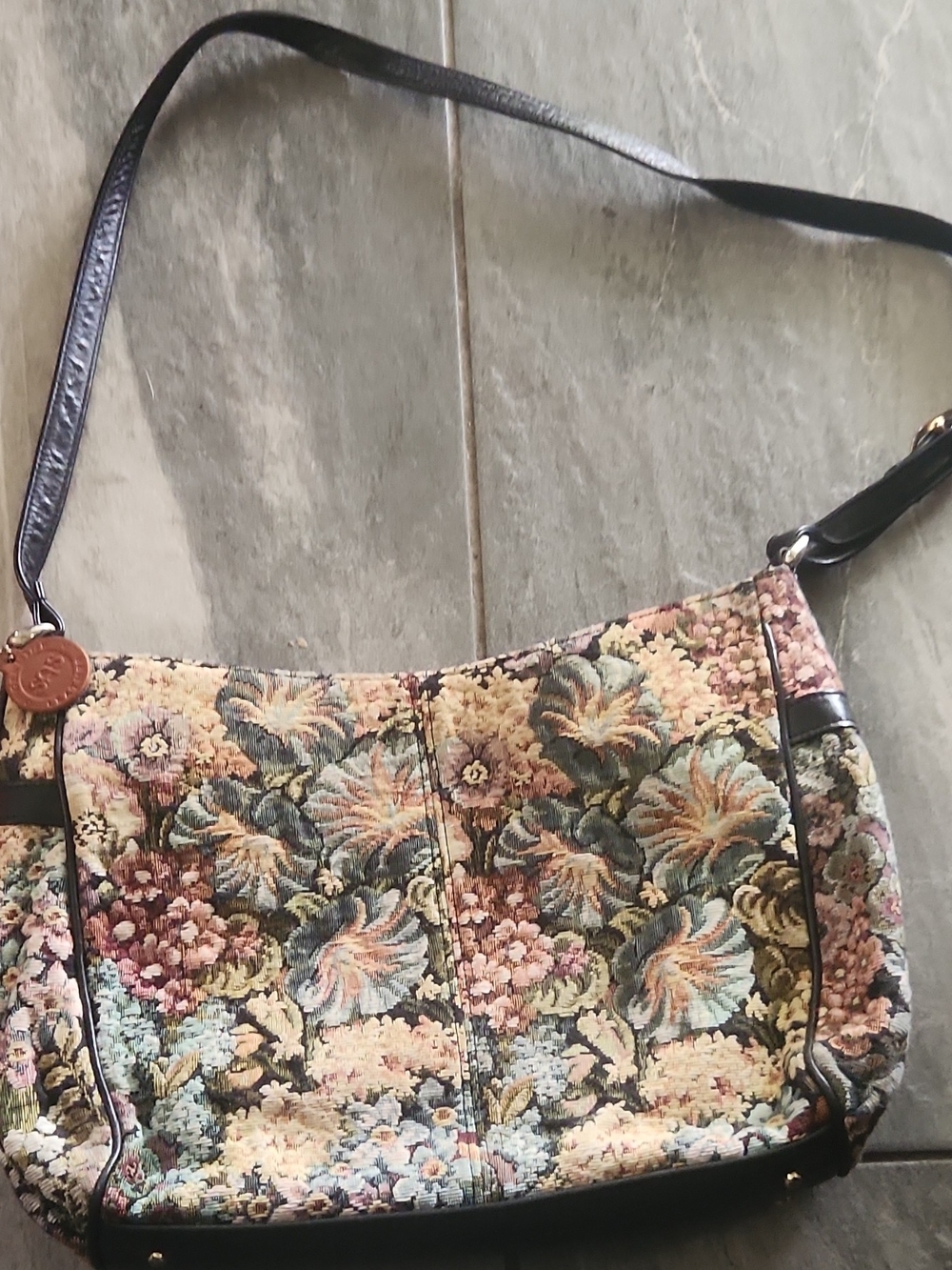 SAS Floral Tapestry Shoulder Bag in Black and Multicolor Vintage